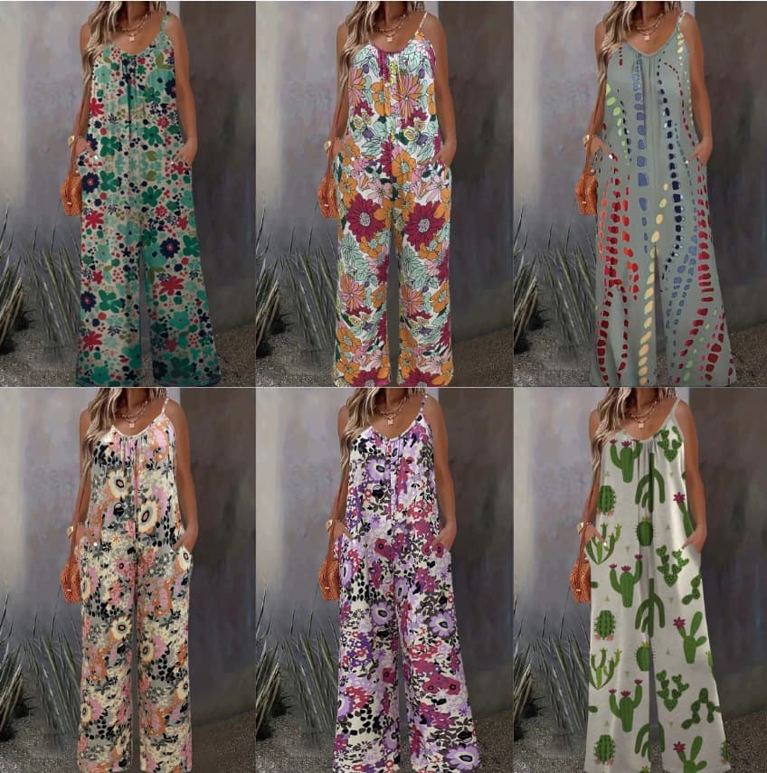 European and American Style Summer Plus-Size Jumpsuit with Floral Print, Pockets, Loose Fit, Casual Nine-Point Straight-Leg Strap Jumpsuit