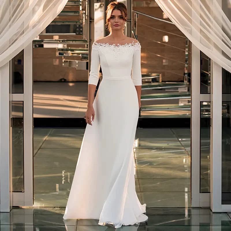 2026 Summer New Wedding Dress French Off-Shoulder Long Sleeve Heavy Embellished Fitted Evening Party Host Gown