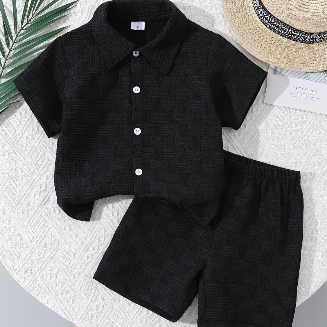 Korean Style New Summer Boys' Casual Two-Piece Set Fashionable Turn-Down Collar Short Sleeve and Shorts Breathable