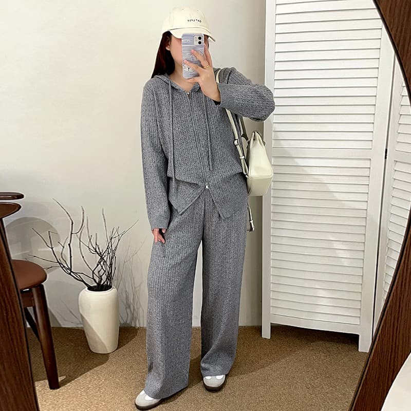 Plus Size Women's Cable Knit Set 2025 Winter, Hooded Cardigan and Pants Two-Piece Set 23559