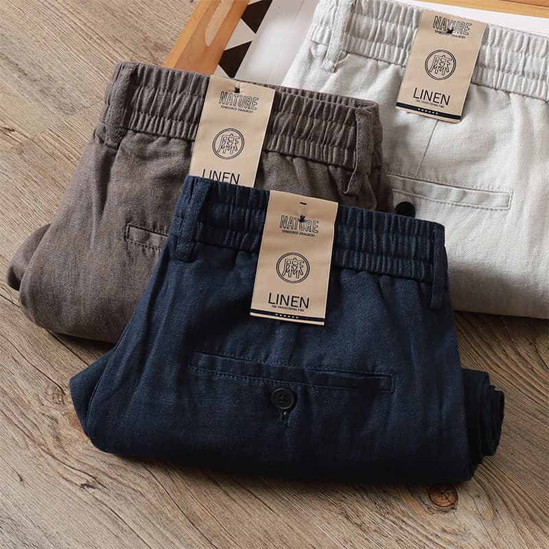 100% Pure Linen Summer Thin Drawstring Elastic Waist Long Pants Soft and Breathable Men's Loose Straight Casual Pants