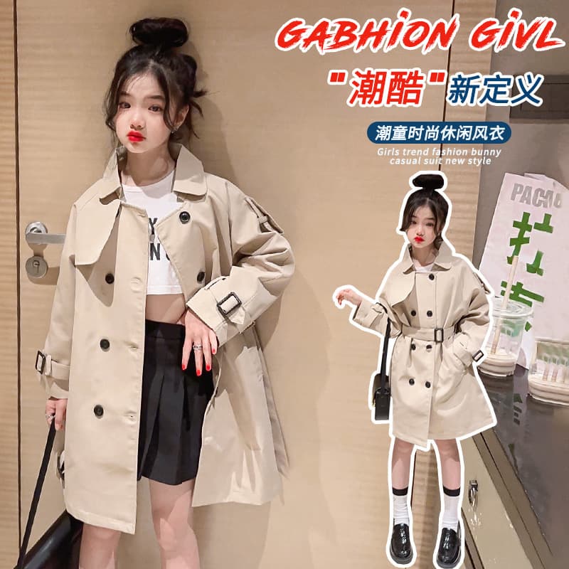 Cross-border Wholesale Girl's Trench Coat Spring/Fall Children's Quality Fashion Outerwear Big Kids British Style Trendy Mid-Length