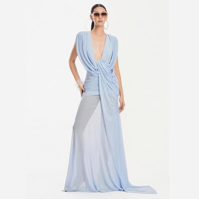 2026 European and American Cross-Border Summer New Arrival Niche Design French V-Neck Pleated Draped High-End Long Dress