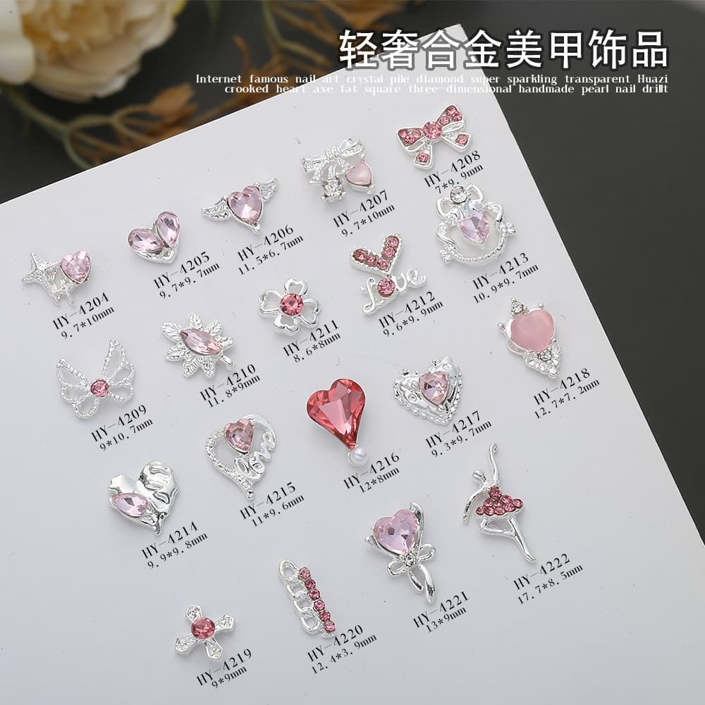 Trendy Light Luxury Love Heart Nail Art Jewelry Glitter Girl Pink Diamond Bow Four Mans Star Ballet Girl Nail Decoration