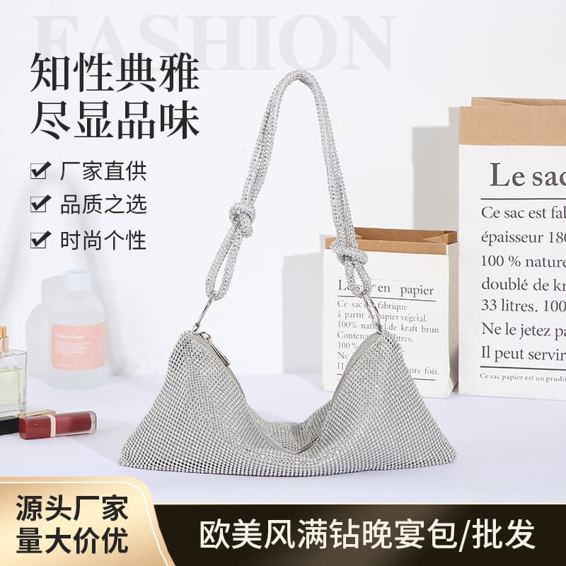 Cross-border Party Evening Bag, Trendy Handmade Rhinestone-Studded Evening Handbag, Crystal Embellished Shoulder Bag, Underarm Bag for Women