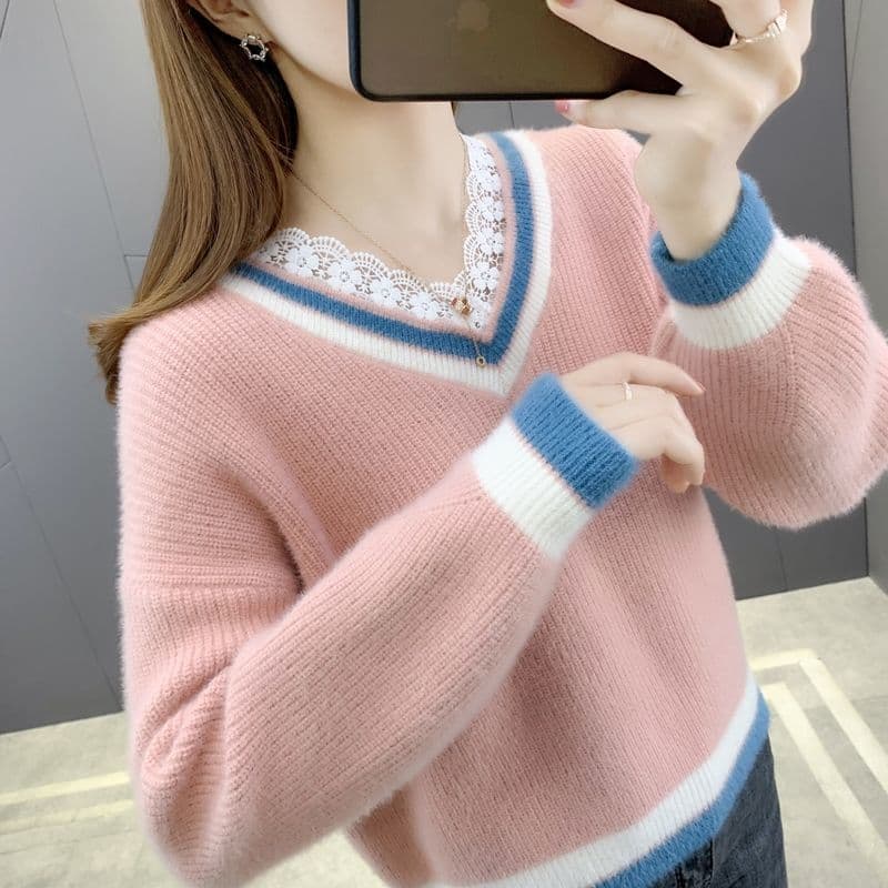 Mink Velvet Sweater Women Autumn Lace New Arrival Lazy Loose Pullover Short Knit Base Layer Versatile Outerwear