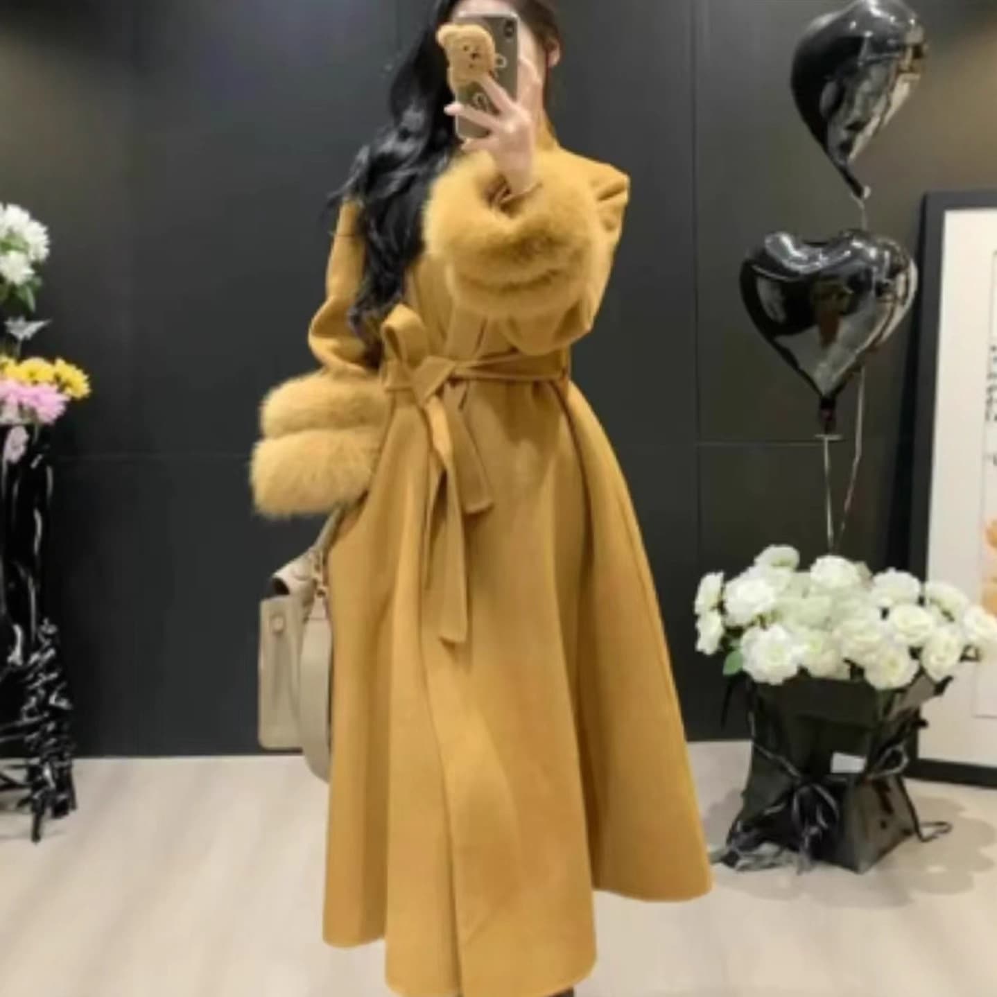 Double-Faced Wool Coat for Women 2025 Autumn/Winter High-End French Style with Fox Fur Sleeves Long Woolen Coat Loose Over-the-Knee