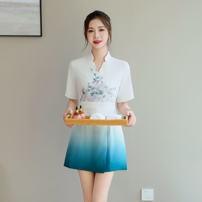 A9075 Spring/Summer New Style Foot Bath Technician Work Uniform Foot Massage Spa Skirt and Pants Set for Women