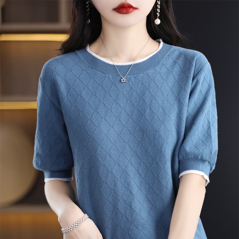 Wholesale Fashion Diamond 100 Cotton Thread Knitted Short Sleeve T-Shirt Women 2026 Summer New Cotton Round Neck Loose Half Sleeve Women