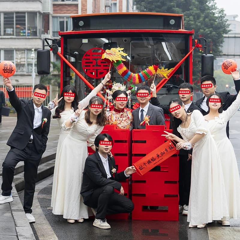 Wedding Bus Decoration Set with Double Happiness Stickers, Creative Pickup Props and Photo Booth Accessories