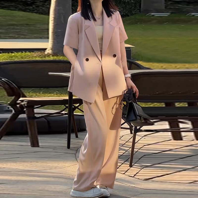 XZ137 Summer Thin Suit with Wide-Leg Pants for Plus Size Women Up to 200 lbs Loose Short-Sleeve Blazer