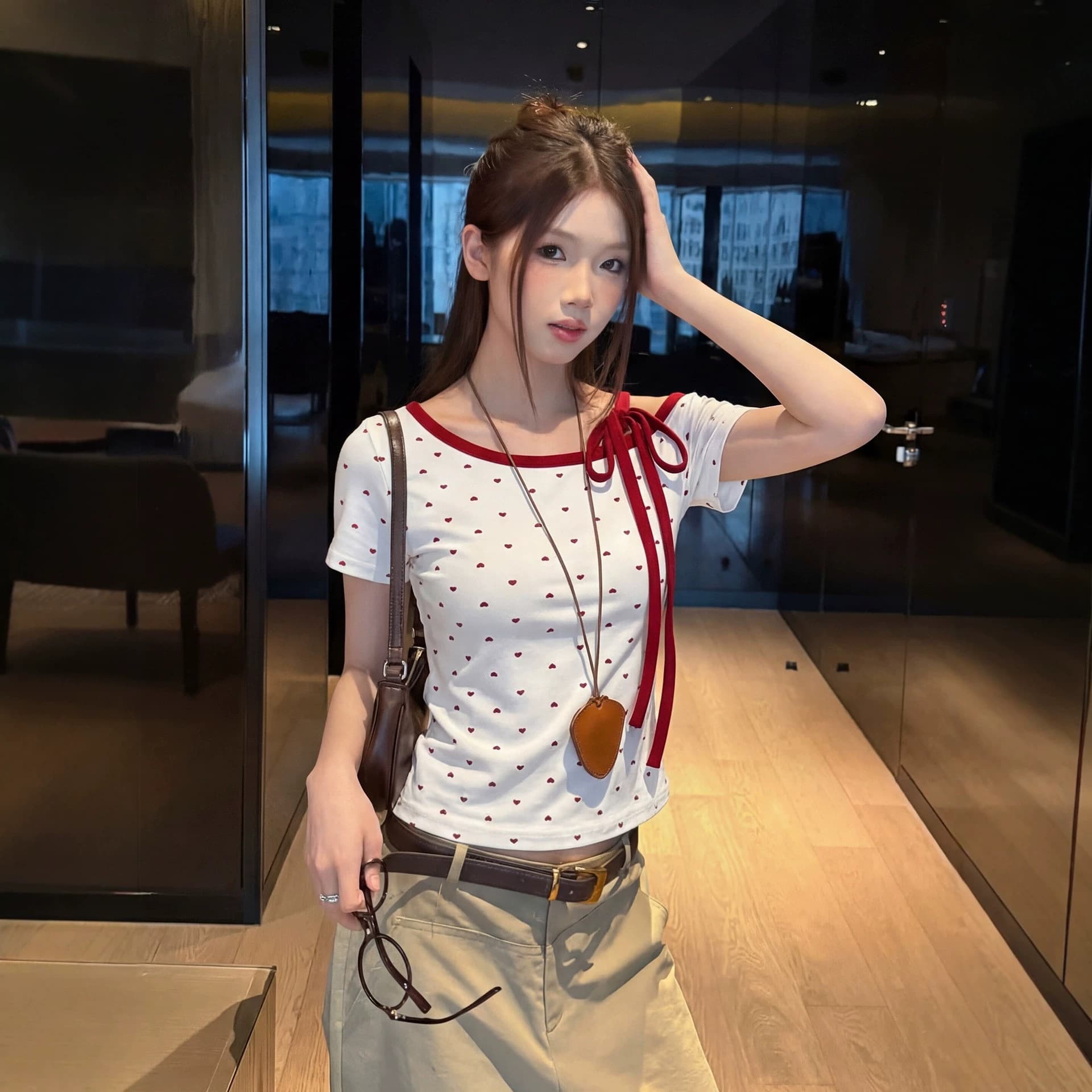 [Original Watermark 40s 92% Cotton 8% Spandex] Red Heart Polka Dot Short Sleeve T-Shirt Women's Summer Tie Strap Off Shoulder