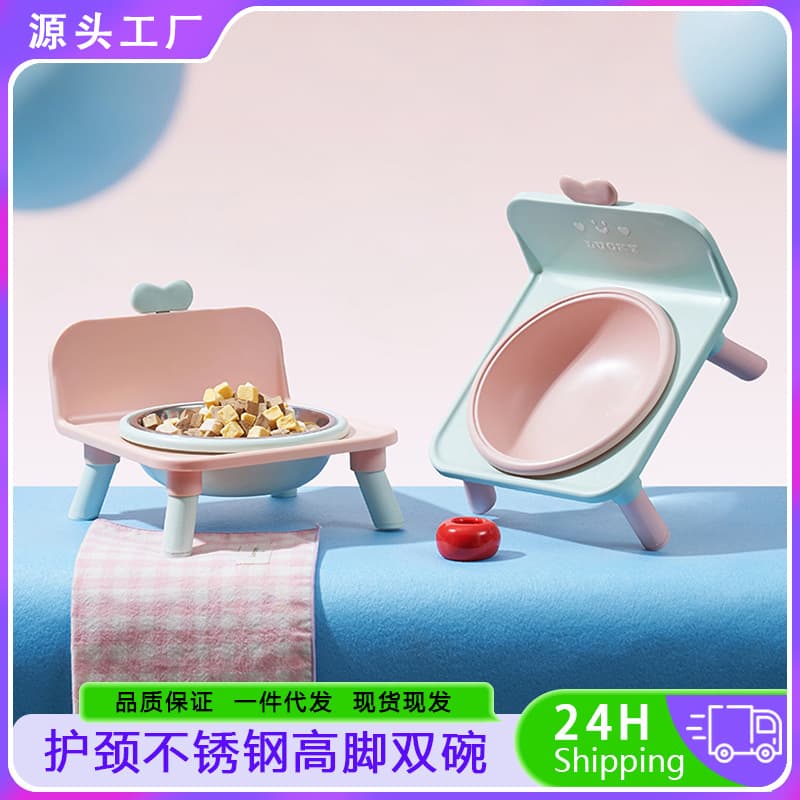 Stainless Steel Double Bowl Cat Bowl, Elevated Neck Protection, Anti-Black Chin, Anti-Tip, Anti-Splash Dog Bowl, Water Bowl, Wholesale