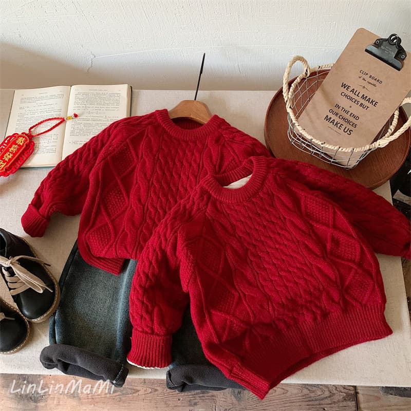 Children's Cable Knit Sweater 2025 Year Of The Snake Thickened Boys Overwear Clothes Celebratory Baby Solid Color Knitted Top Tr