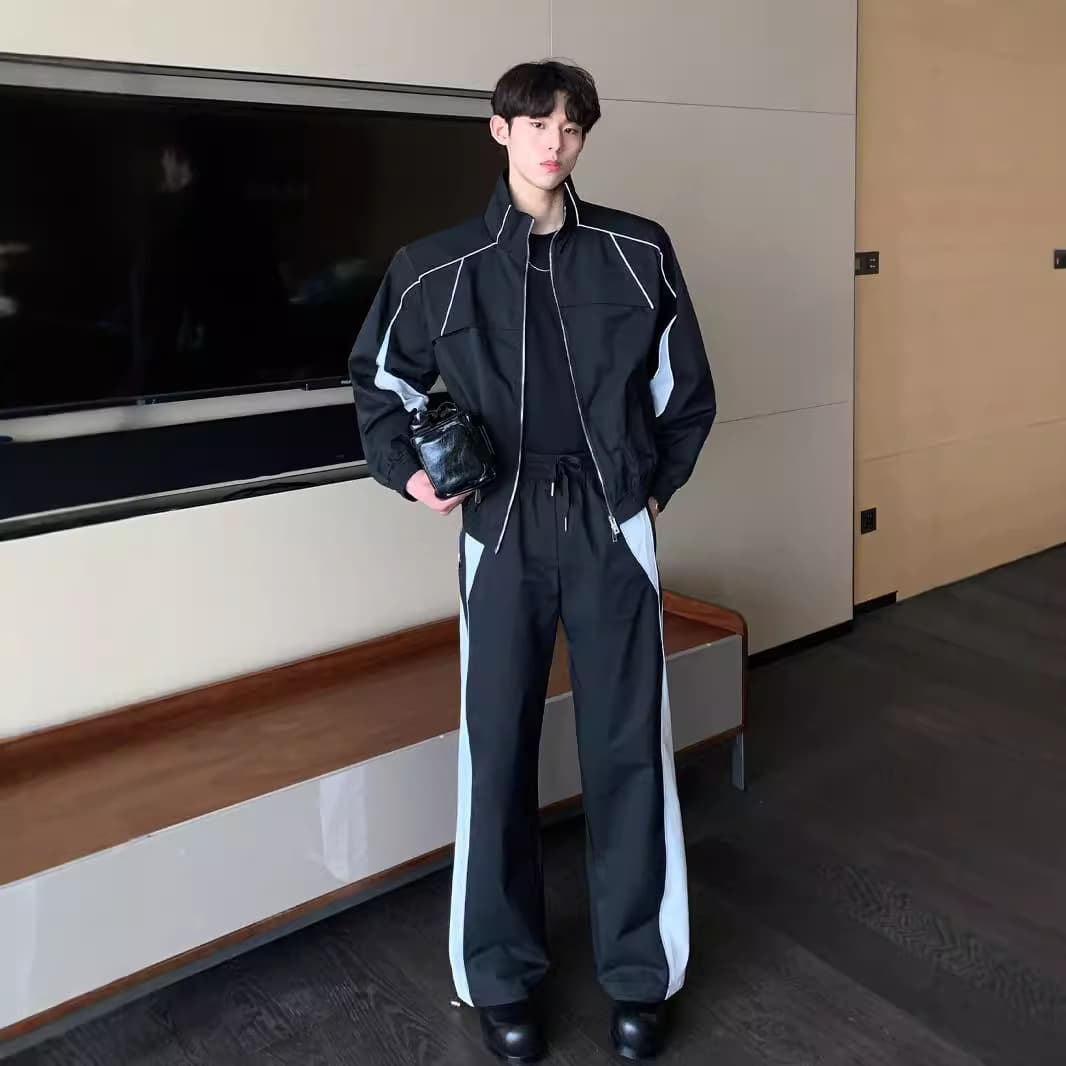 Factory Direct Autumn Contrast Color Reflective Stand Collar Jacket Set with Straight-Leg Casual Pants Two-Piece Trendy Outfit