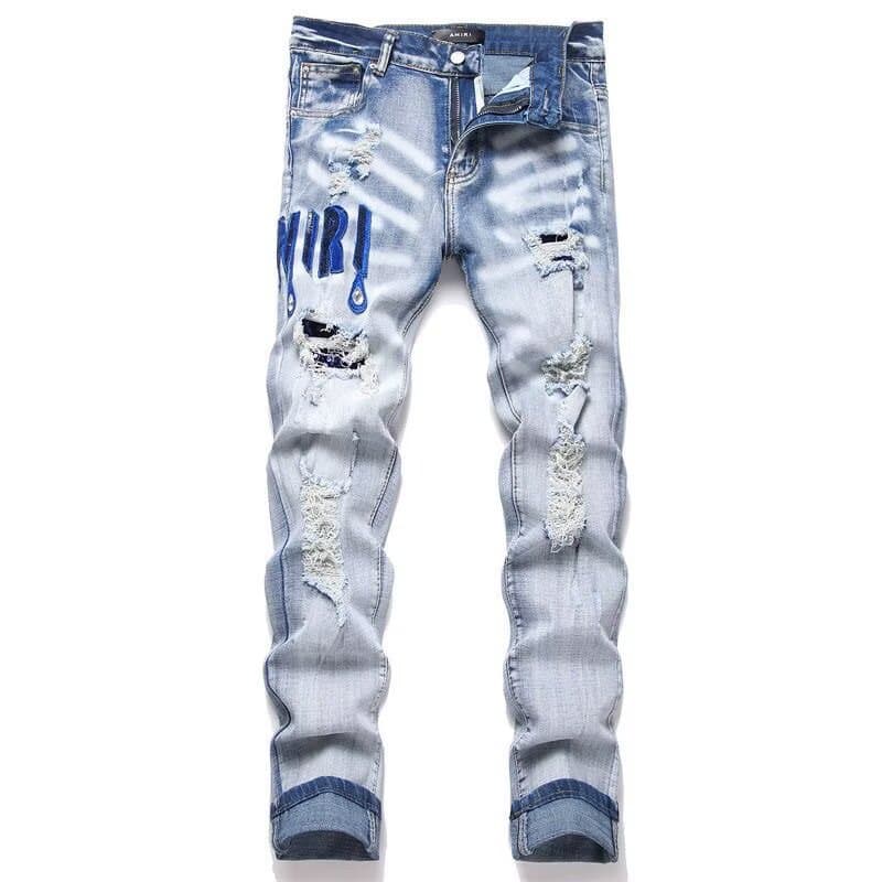 Cross-Border American Street Style Washed Ripped Patchwork Jeans for Young Men, Slim Fit, Tapered, European and American High Street Style Long Pants