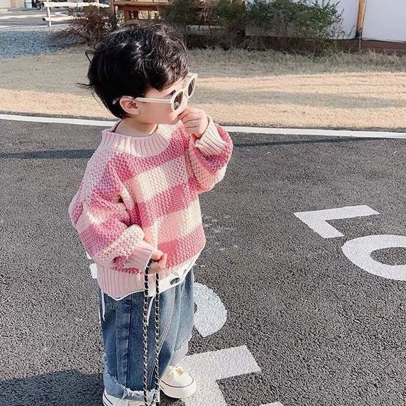 Children's Suit 2024 Spring New Korean Style Boys' Style Striped Sweater Baby Denim Wide Leg Pants Two-piece Set