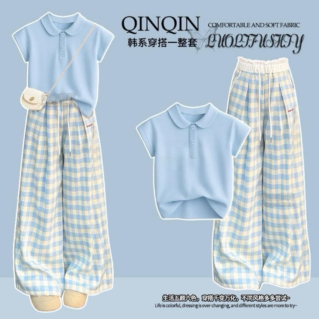 Girls Summer Wide Leg Plaid Pants Suit 2026 Youth College Polo Neck T-Shirt Blue Casual Suit