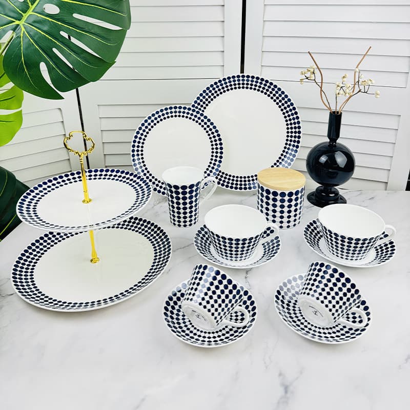 Taff coffee cup and saucer set, high-looking blue color bone china cake plate, string plate, sealed jar, disc tableware set