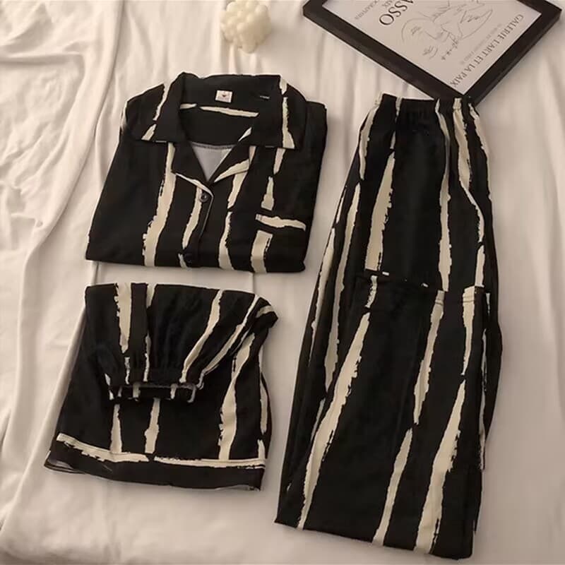 Pajamas for women summer short-sleeved cotton three-piece suit trousers large size simple striped casual style spring and autumn home wear