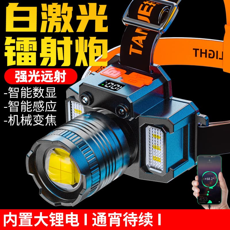 White Laser Headlamp Flashlight, Rechargeable, Ultra-Bright, Long Battery Life, High-Power Mining Light, Durable, Fishing Special