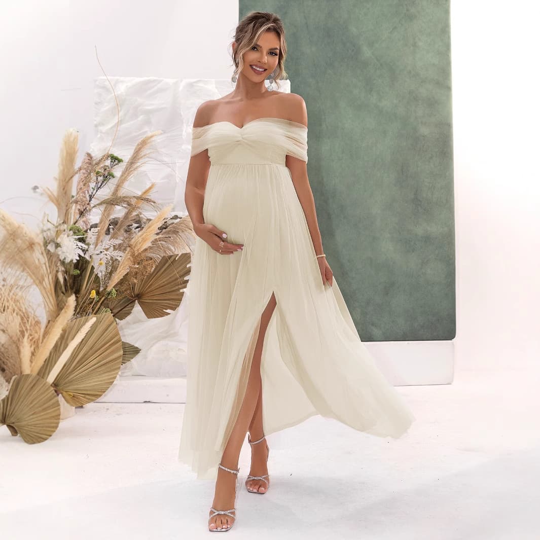 2024 New Cross-Border European and American Summer Women's Sexy Strapless Mesh High-Slit Maternity Dress
