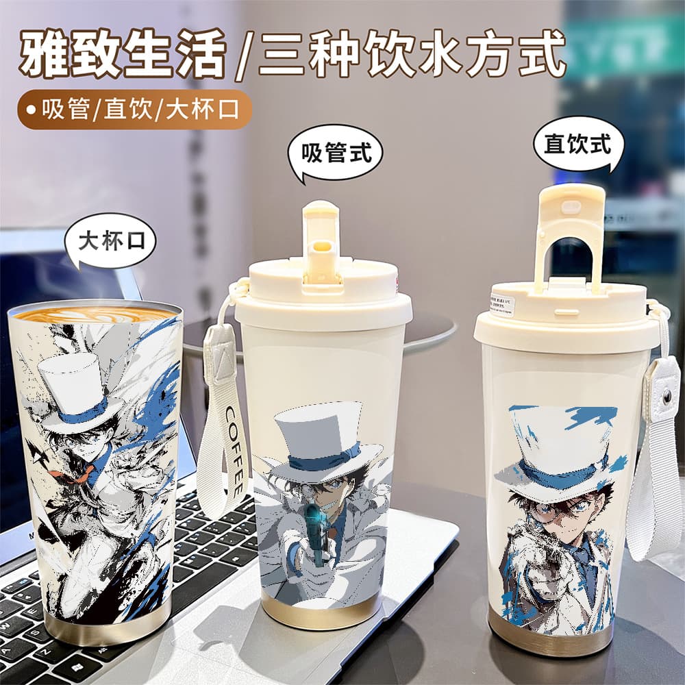 New Detective Conan Insulated Straw Water Cup Large Capacity High-Looking Portable Cup Stainless Steel Double Drink Coffee Cup