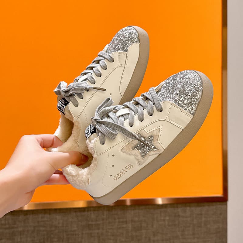 2024 Winter New Korean-style Distressed Star Rhinestone Back Teddy Fur Fashion Casual Sports Versatile Dirty Shoes