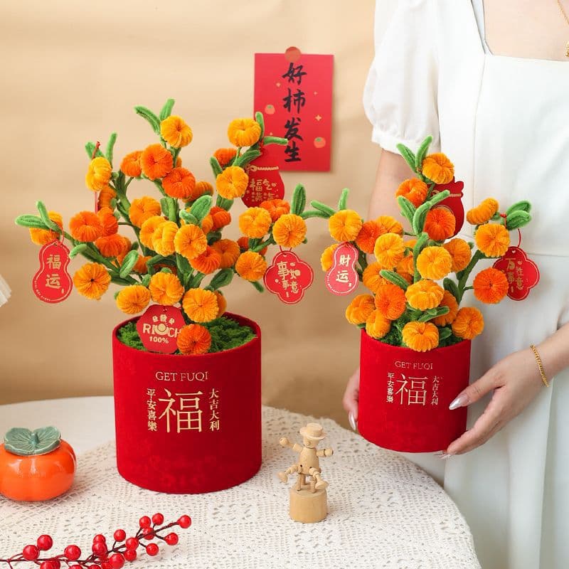 Chenille Stem DIY Material Kit, Woven Persimmon Hugging Bucket, Everything Goes Well Ornament, Handmade Flower Craft