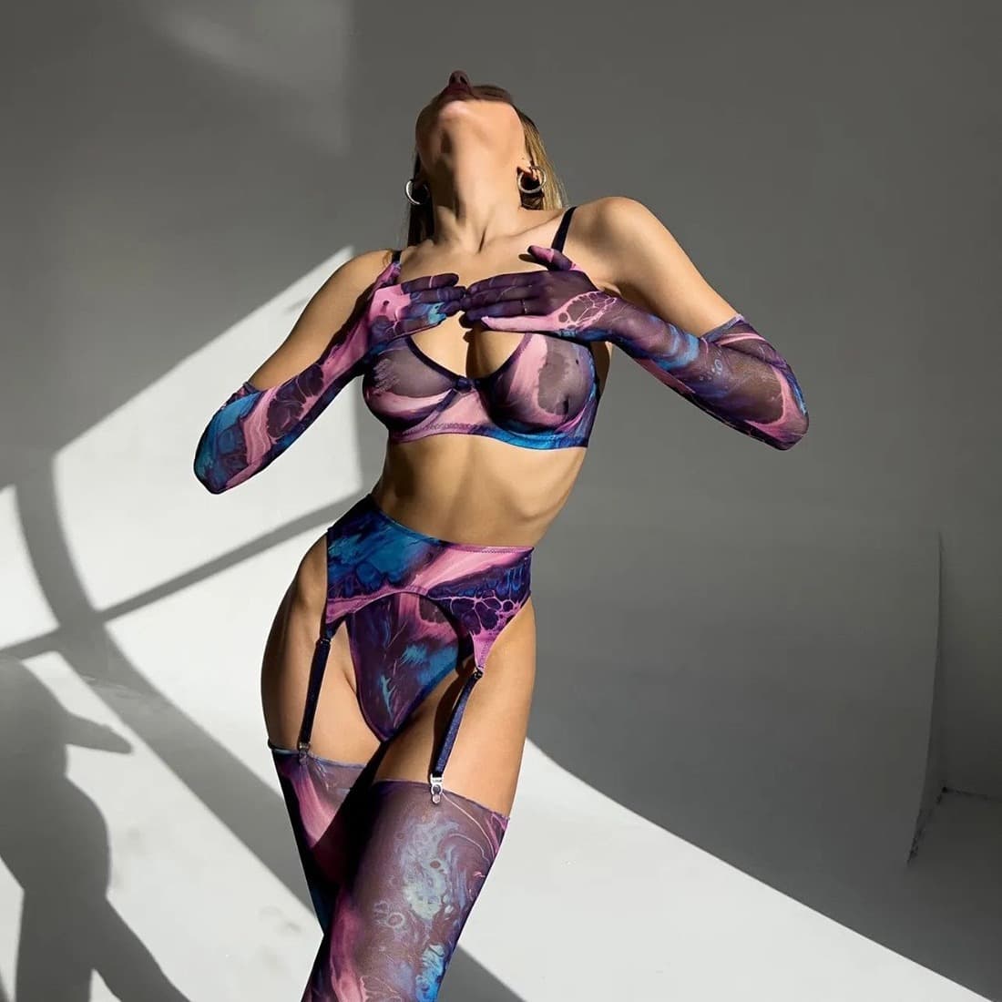 European and American Cross-Border Tie-Dye Sexy Bras Five-Piece Set Lace Mesh Design Ultra-Thin Sexy Brassiere Women's