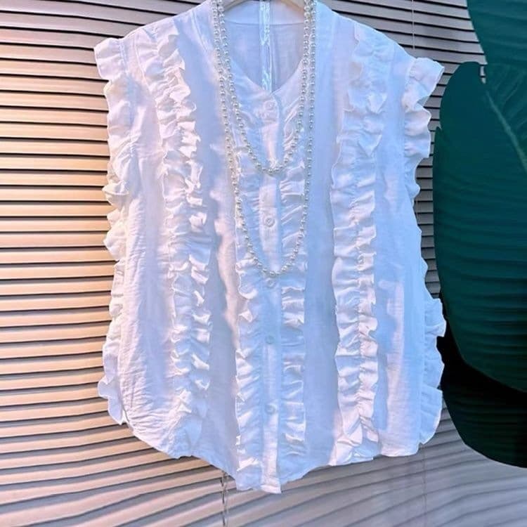Plus Size Women's Half Stand Collar with Ruffled Strips Sleeveless Top, French Style New Age-Defying Versatile Blouse for Full-Figured Women