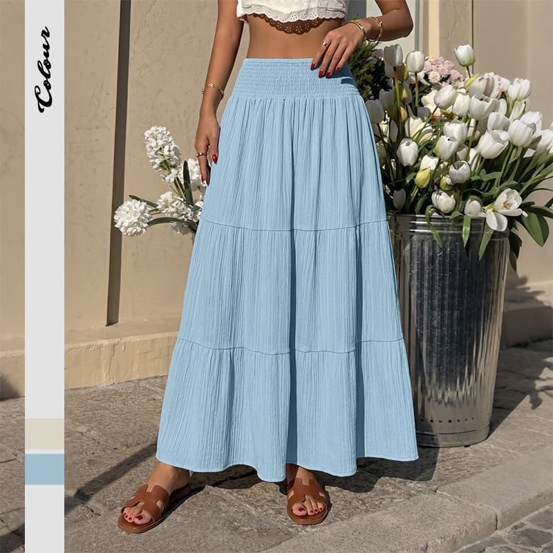 Summer Solid Color Comfortable Casual Long Skirt Elastic Waist Versatile Amazon Europe America Cross-border Fresh Sweet Half Skirt