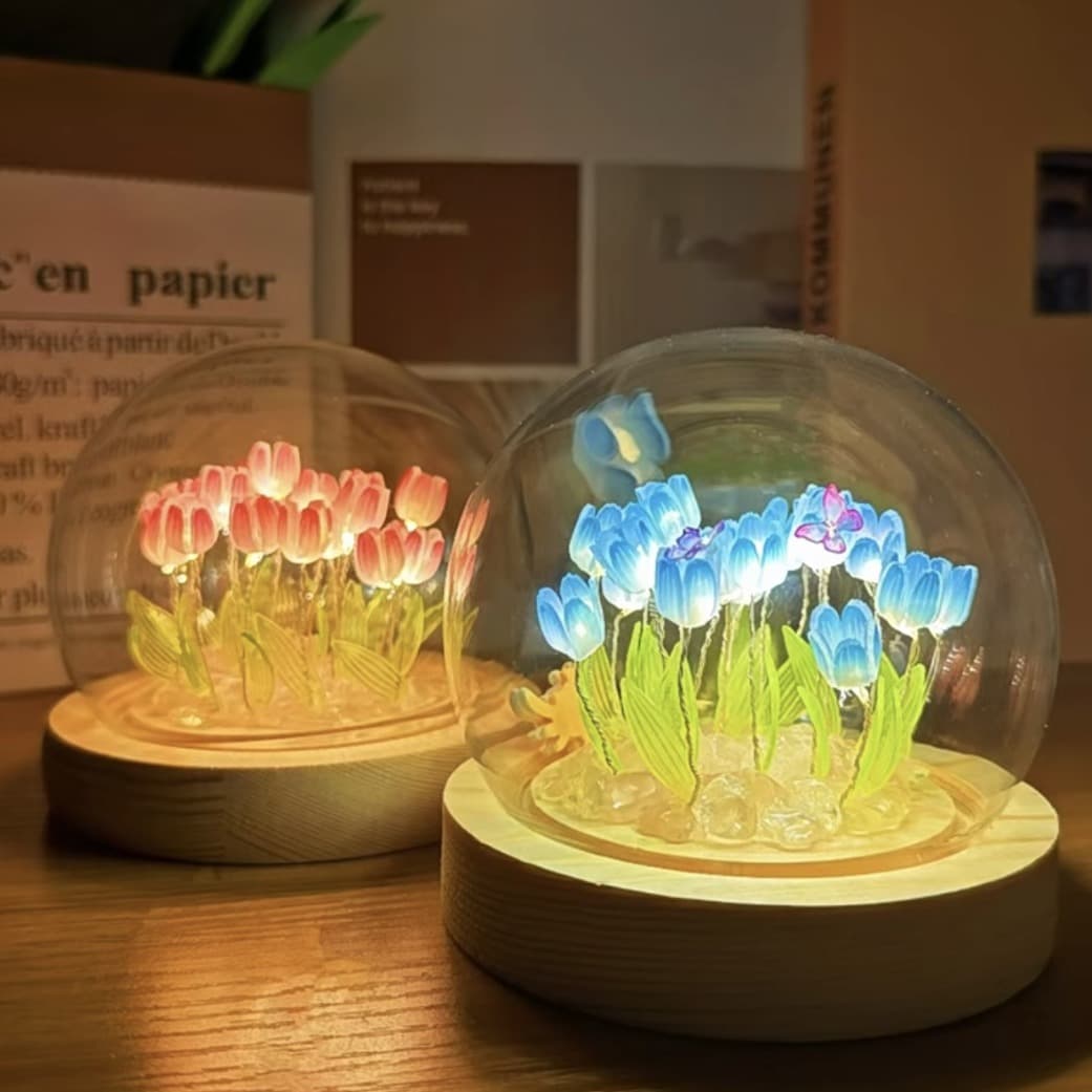 Glass Lampshade Tulip Night Light DIY Handmade Material Bouquet Table Lamp Birthday Ambient Light Modern Minimalist
