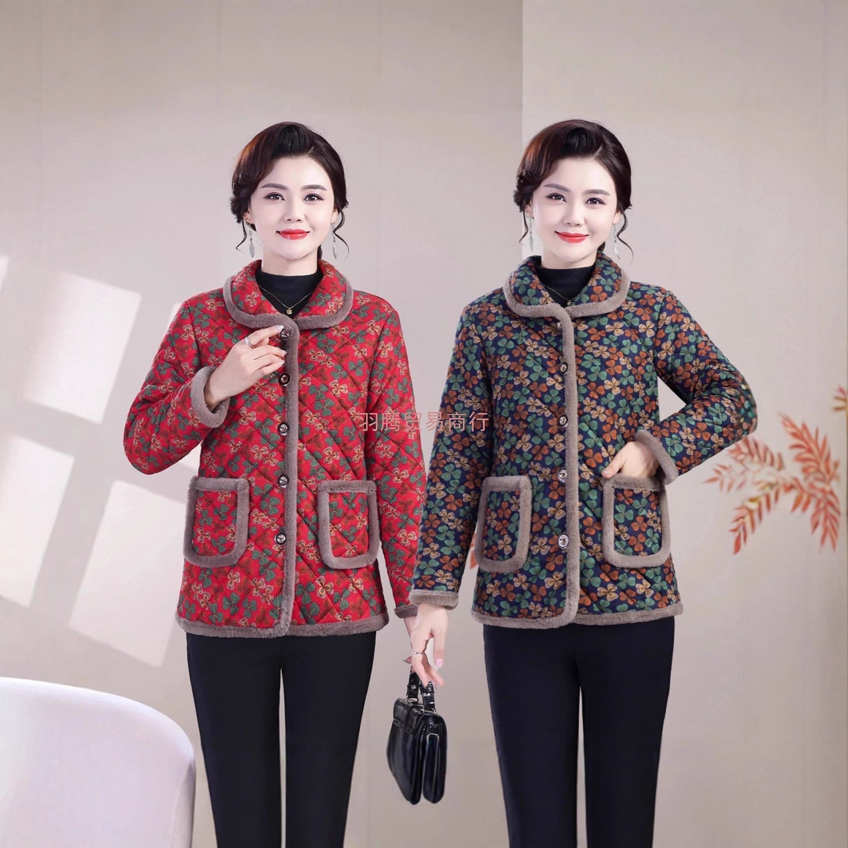 Winter women's padded coat with collar, fleece lining, thickened, warm floral print, suitable for middle-aged and elderly women.