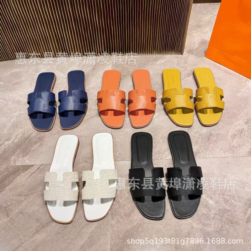 New Ostrich Pattern Sandals for Export, Classic H-Style Flat Sandals, Beach Women's Flip Flops