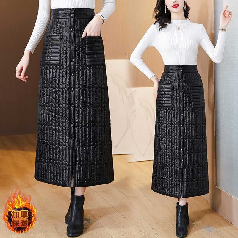 Real Shot New Down Cotton Skirt Button Placket One-Piece Thickened Warm A-Line Long Skirt Elegant Bodycon Skirt Women