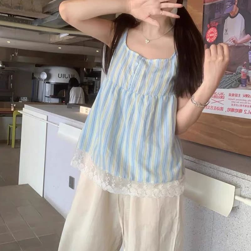 Korean Sweetheart Striped Camisole Top for Women Summer Design Lace Trim Petite Sleeveless Blouse Trendy
