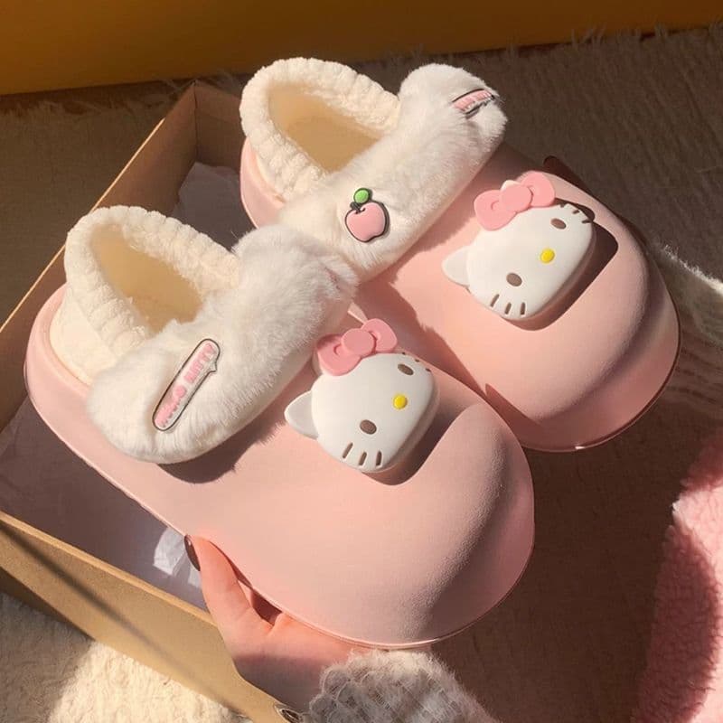 Women's waterproof cotton slippers, 2025 new autumn and winter style, detachable Hello Kitty fleece-lined slippers for indoor use.