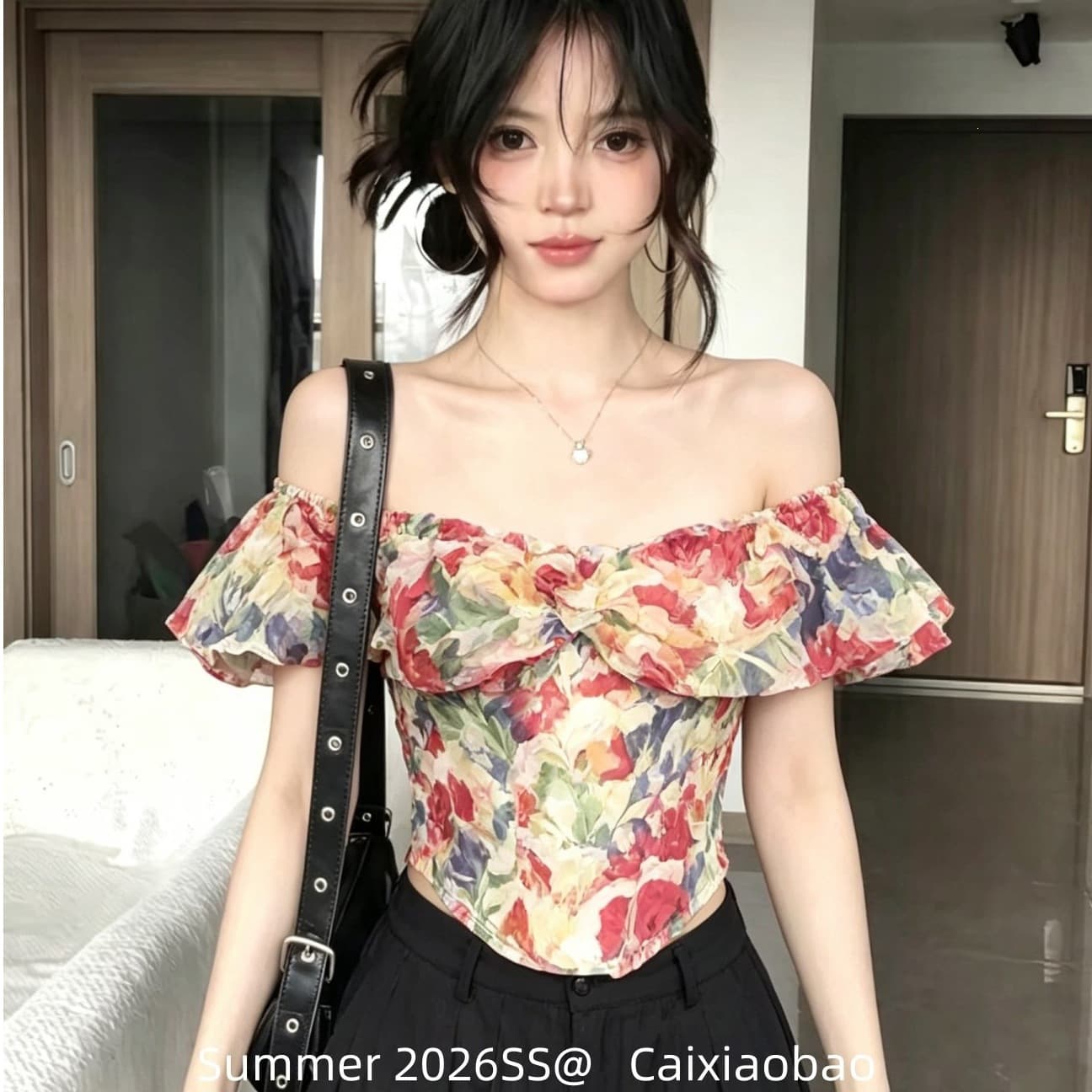 Original Design! French Floral Gentle Style Ruffled Blouse with Fishbone One-Shoulder Top for Women Summer Chiffon Top