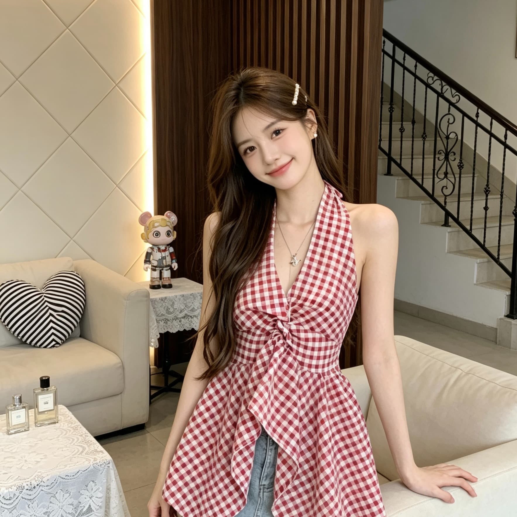 2026 French V-Neck Halter Plaid Halter Top Women Summer Irregular Waist Design Elegant Top