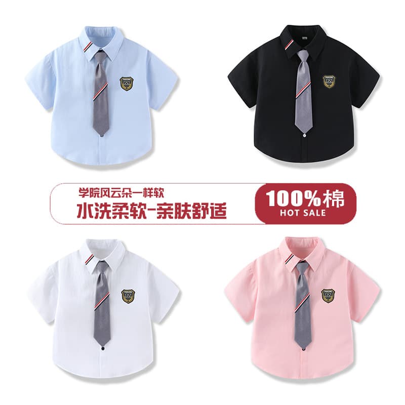 New Children's Short-Sleeve Shirt for Boys and Girls, 100% Cotton Washed Summer Short-Sleeve Blouse, White Performance Shirt