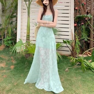 Summer French Mesh Jacquard Sexy Hot Strap Dress Women Vacation Style Cross-Border Slimming High-Waist A-Line Long Skirt