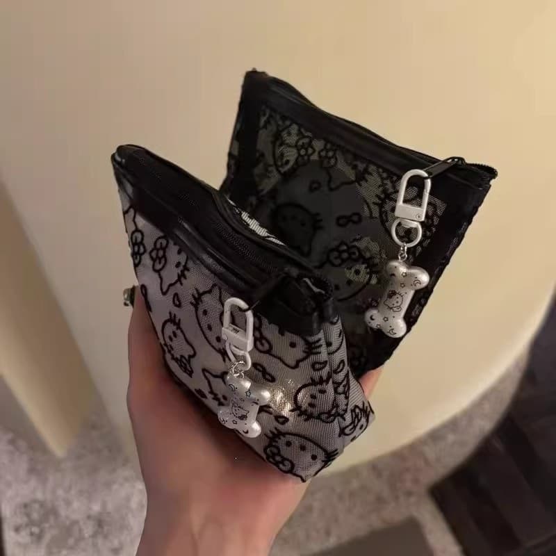 Transparent Mesh Kitty Touch-Up Bag, Cute Travel Mini Portable Cosmetic Storage Bag, Practical Coin Purse