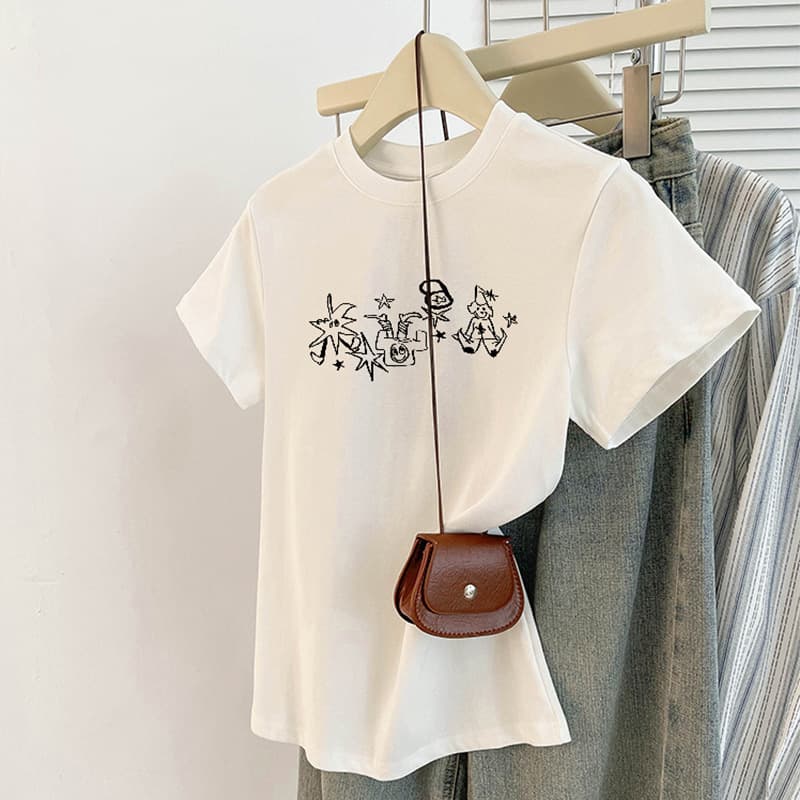 American Style Retro White T-shirt Women's Summer Creative Printed Crewneck Pullover Short-sleeved Loose Simple Half-sleeved Top Ins