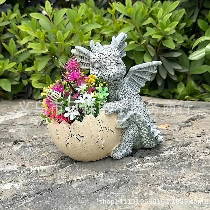 Cross-border Pastoral Retro Little Dragon Flower Pot Decoration Ornament Pot with Dinosaur Egg Cube Decorative Flower Pot Resin Crafts