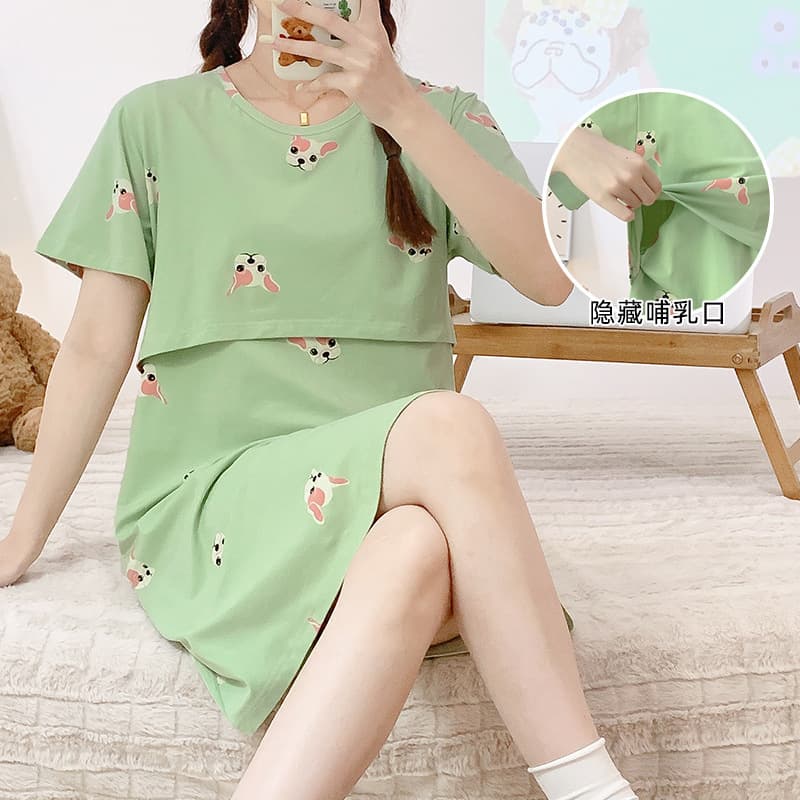 Pregnant Women's Nightgown Summer Pure Cotton Breastfeeding Short-sleeved Thin Postpartum Monthly Clothes Pajamas Breastfeeding Clothes Loose Dress