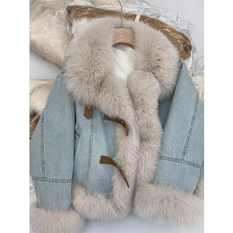 Korean Design Faux Fur Collar Blue Denim Jacket Fashionable Quilted Thick Winter Warm Coat