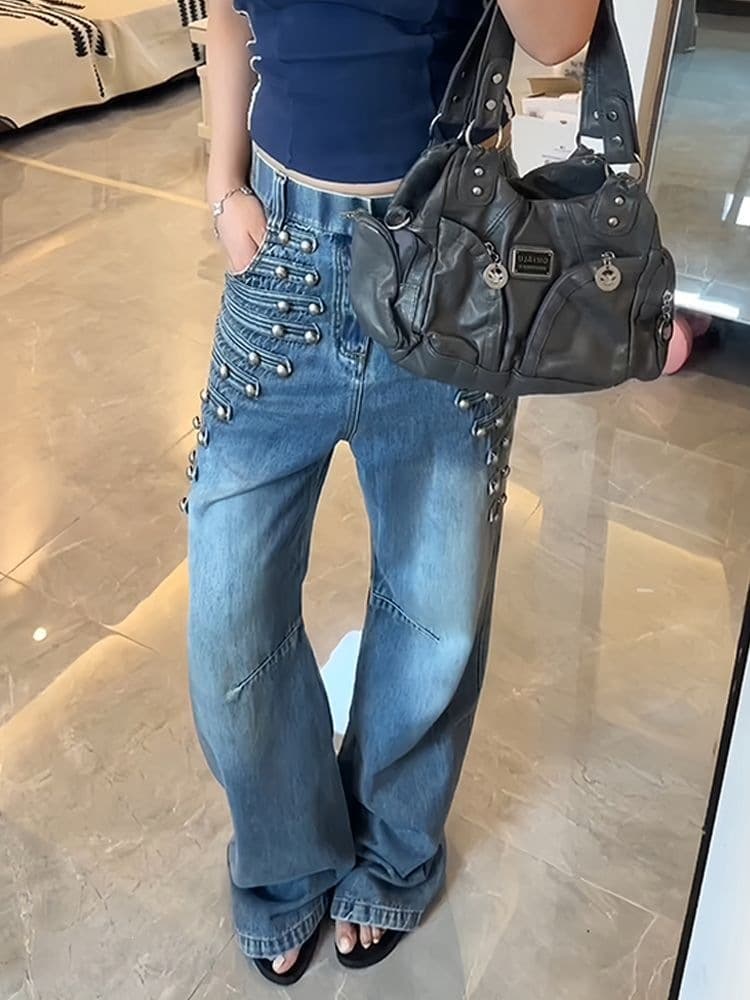 American Vintage Heavy-Duty Multi-Button Jeans for Women, Summer Thin Style, Palace-Inspired Design, Loose Fit, Slimming, Floor-Length Trousers