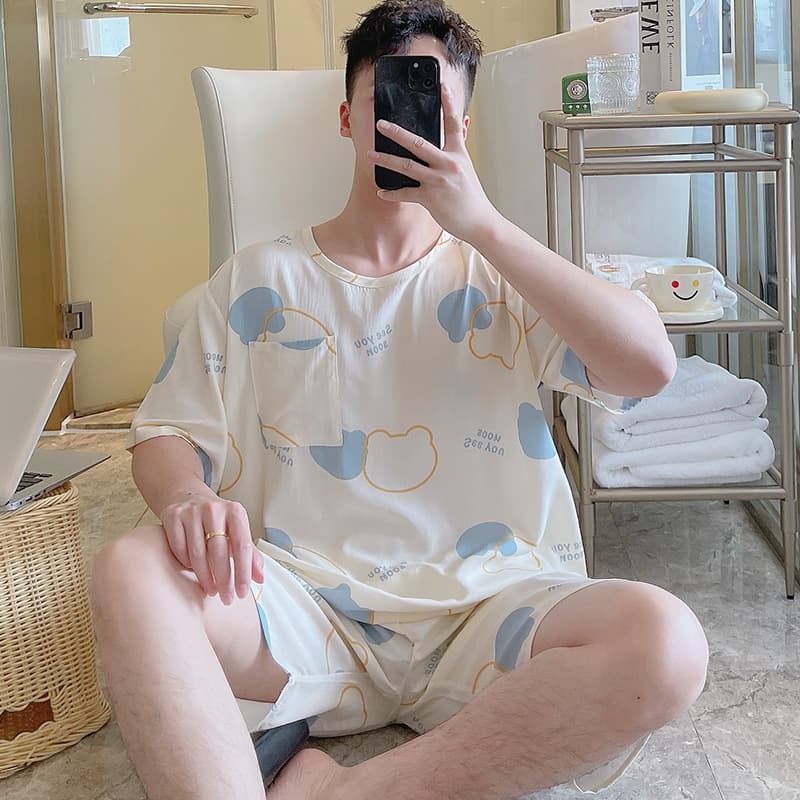 Men's Cotton Silk Sleepwear Short Sleeve Summer Style Casual Homewear for Teens and High School Students Loose Fit Large Size Cartoon Print Set Thin