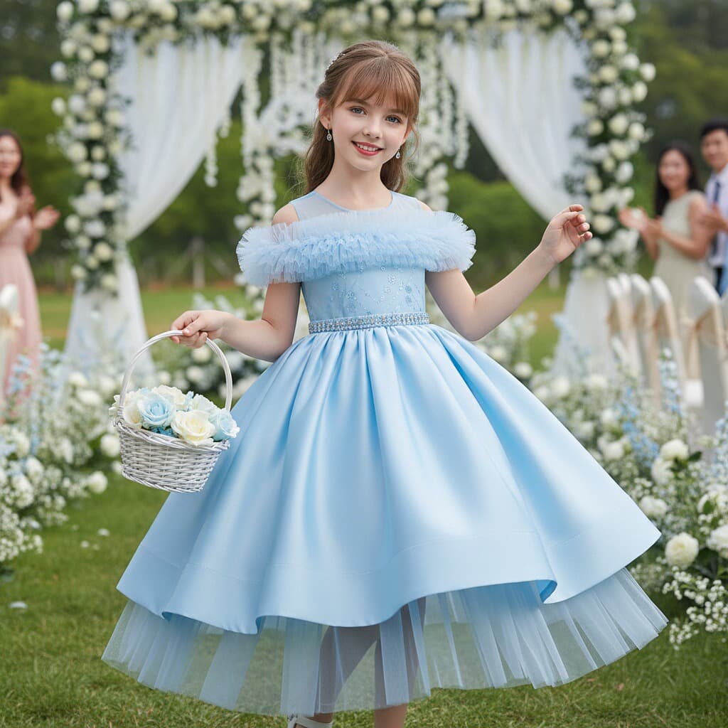 New Cross-border Girls' Princess Dress One-shoulder Tulle Ball Gown Flower Girl Dress Mid-length Satin Skirt